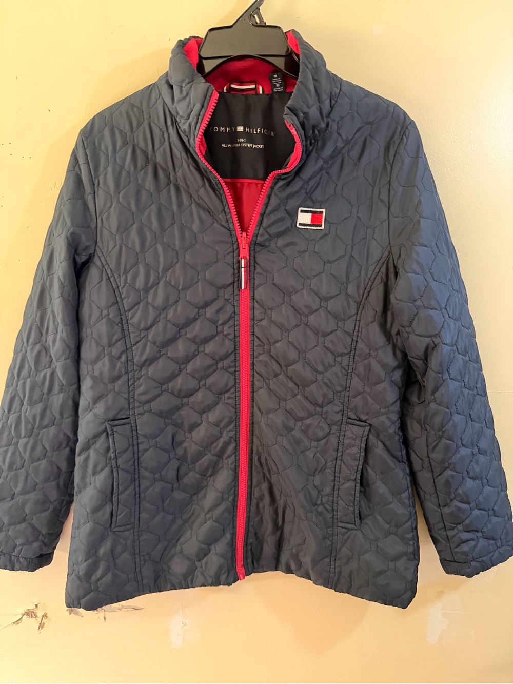Tommy Hilfiger Navy Quilted Puffer Jacket with Red Trim